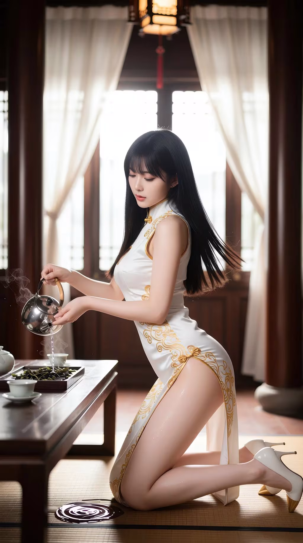 Hình Ảnh Gái Xinh AI Mặc Kỳ Bào Pha Trà Cho Ông Chủ